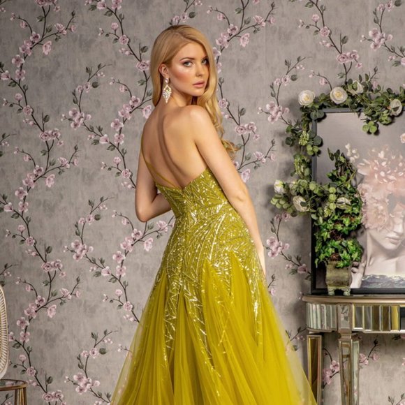 NEW FORMAL ONE SHOULDER SLEEVELESS MESH GOWN EMBROIDERED WITH SEQUINS GL3281 - Picture 8 of 12